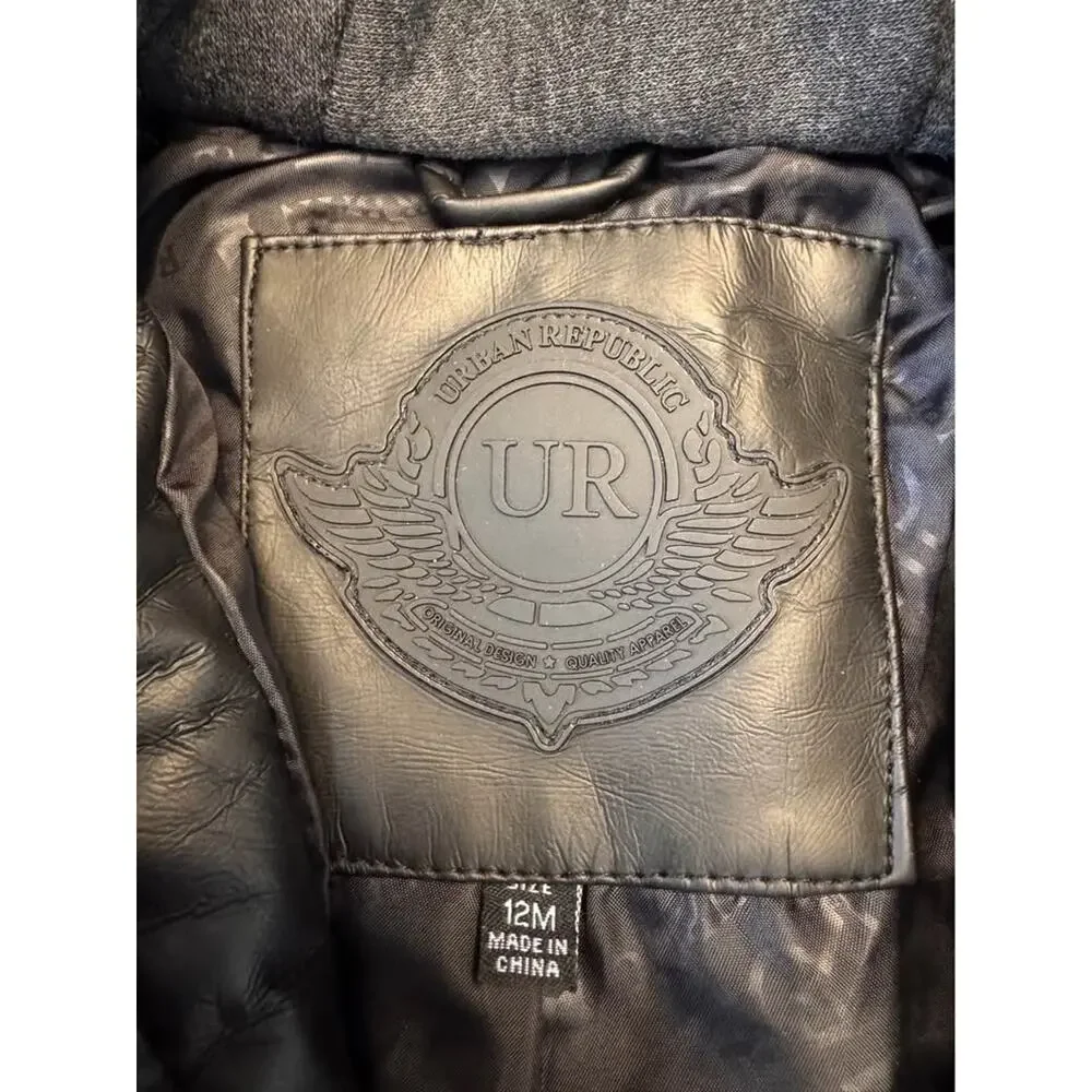 Urban Republic Black Hooded Faux Leather Jacket 12M #107